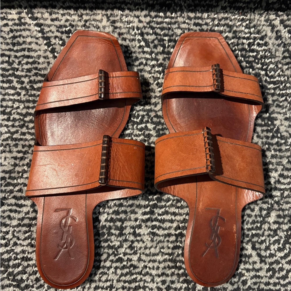 Brown Leather Sandals with YSL Logo